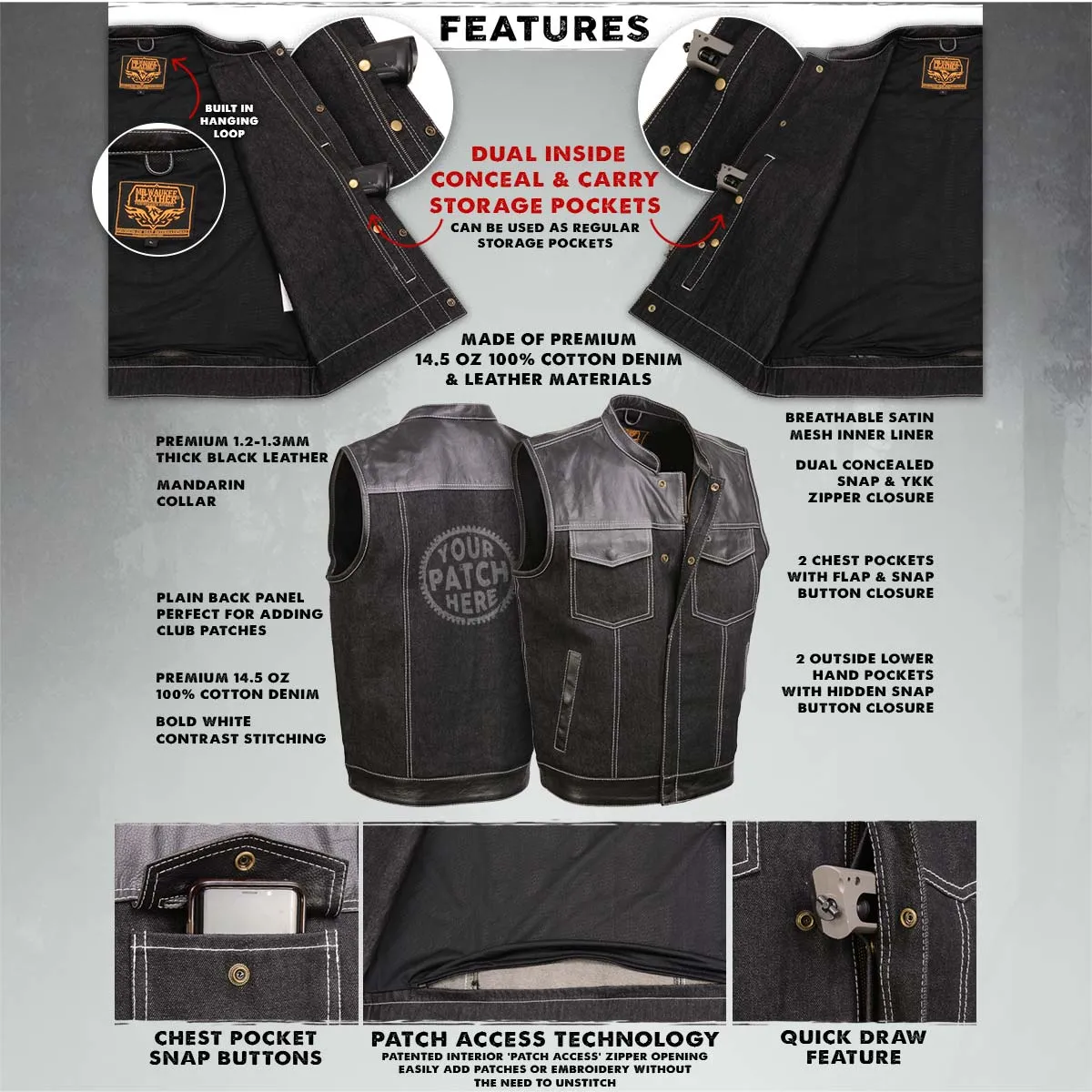 Milwaukee Leather MDM3006 Men's 'Brute' Black Denim and Black Leather Club Style Vest w/ Hidden Dual Closure