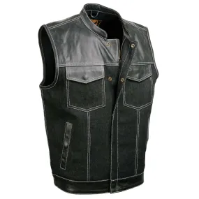 Milwaukee Leather MDM3006 Men's 'Brute' Black Denim and Black Leather Club Style Vest w/ Hidden Dual Closure