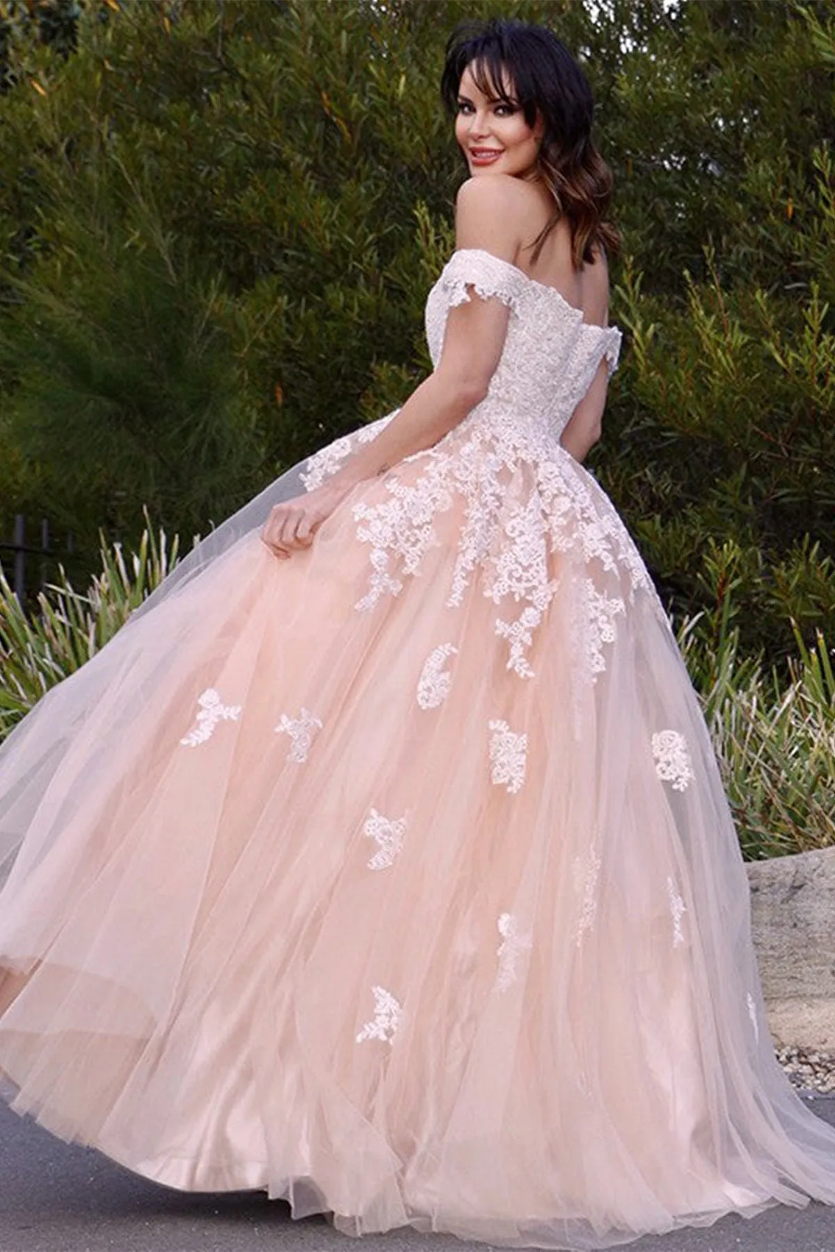 Off Shoulder Pink Tulle Lace Long Prom Dress, Pink Lace Formal Dress, Pink Evening Dress A1679