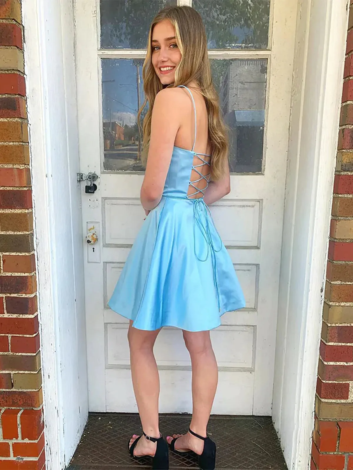 Open Back Short Blue Prom Homecoming Dresses, Backless Blue Formal Graduation Evening Dresses