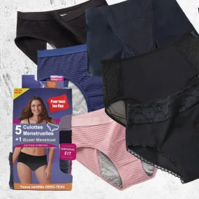 Pack de 5 Culottes Menstruelles et un Boxer Menstruel pour tous les Flux