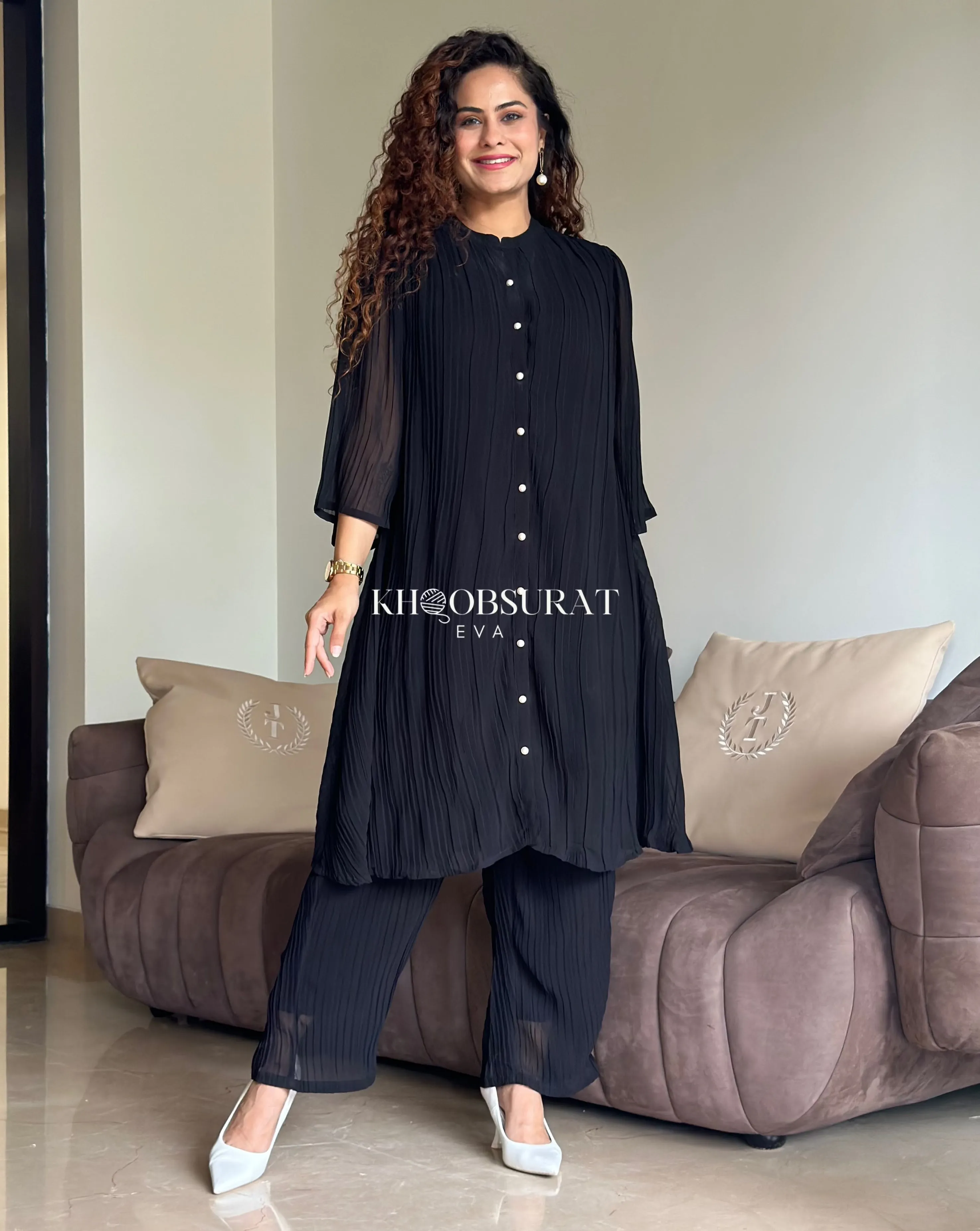 Pearl On-Black Chiffon Co-Ordinate Set