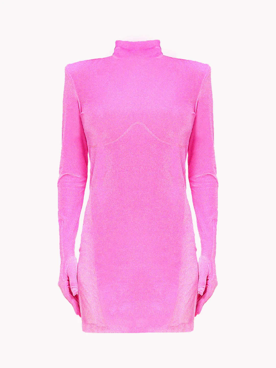 Pink Long Sleeve Turtleneck Velvet Bodycon Party Mini Dress with Gloves