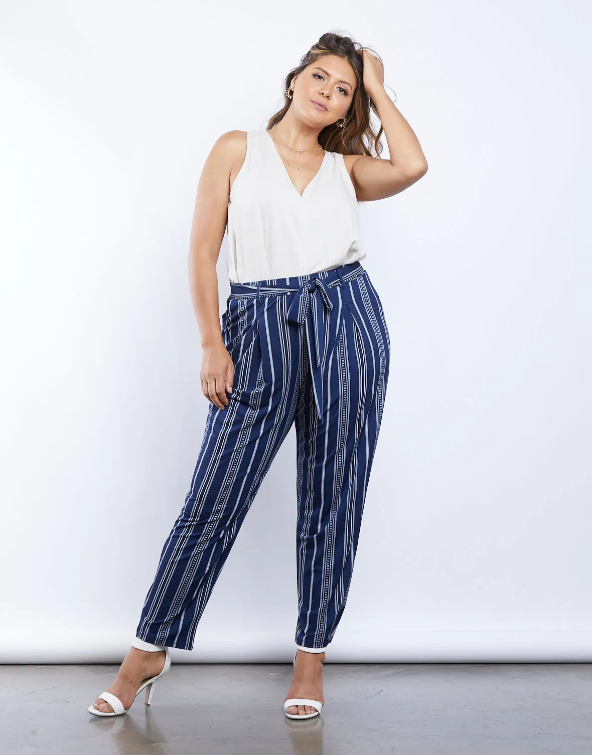 Plus Size Striped Paper Bag Pants