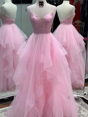 Princess V Neck Backless Pink Prom Dresses, Backless Pink Formal Dresses, Fluffy Pink Evening Dresses, Pink Ball