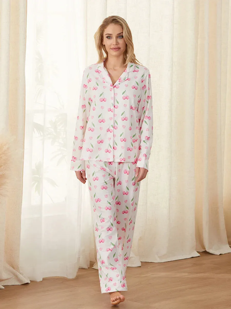 Print Button Shirt and Elastic Pants Soft Sleepwear Cherry Pajamas