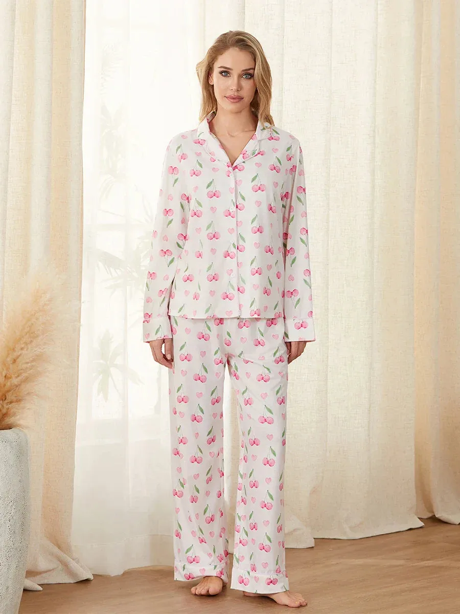 Print Button Shirt and Elastic Pants Soft Sleepwear Cherry Pajamas