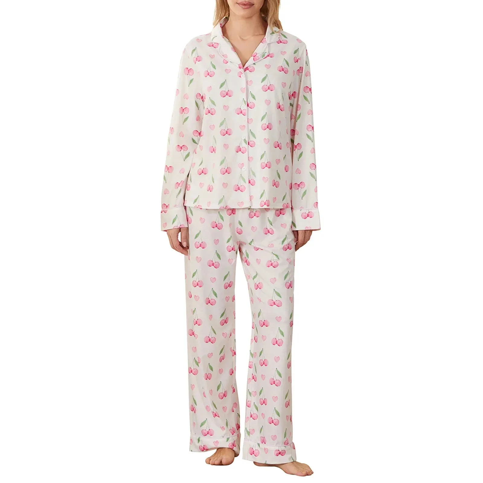 Print Button Shirt and Elastic Pants Soft Sleepwear Cherry Pajamas