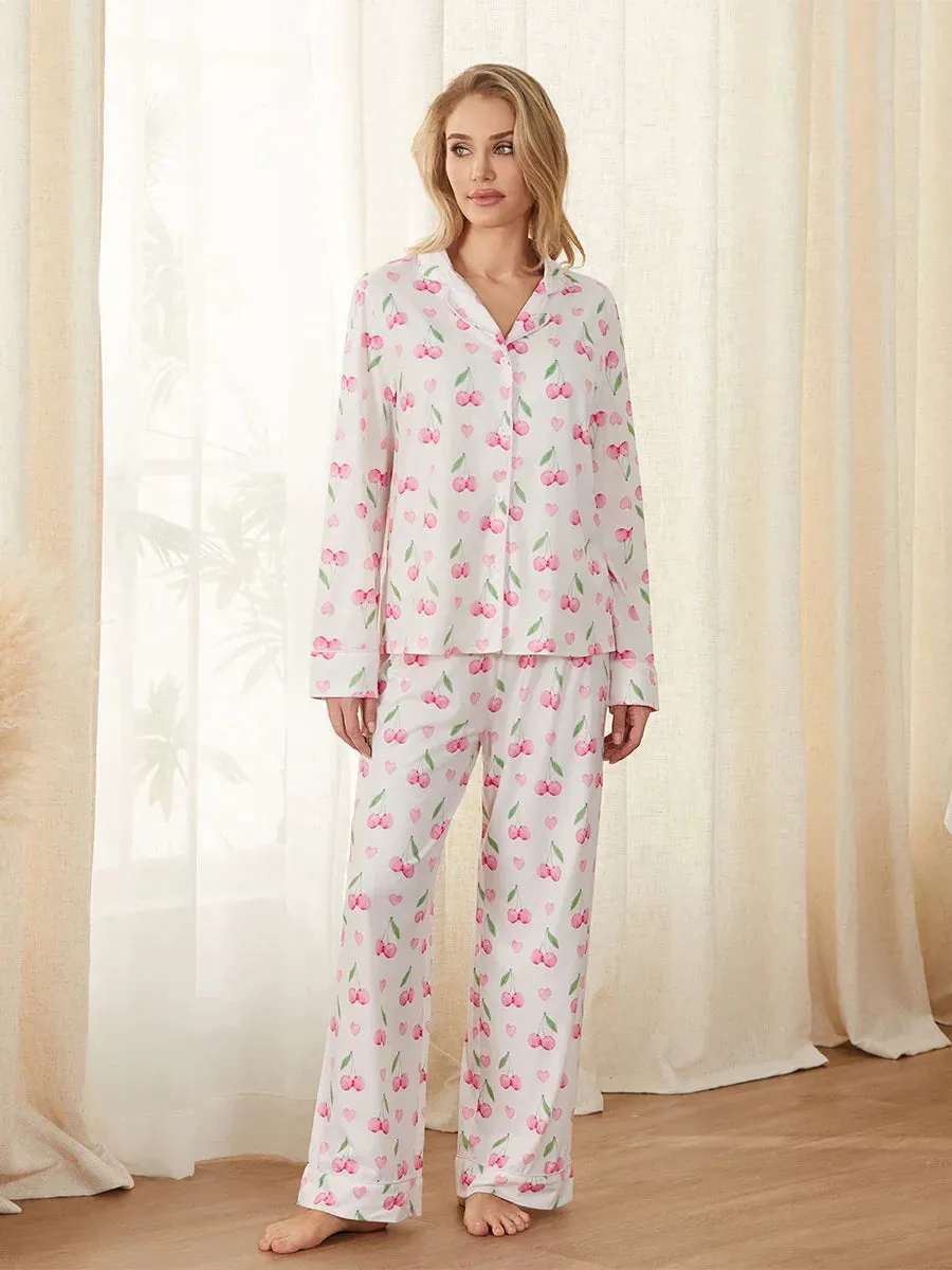 Print Button Shirt and Elastic Pants Soft Sleepwear Cherry Pajamas