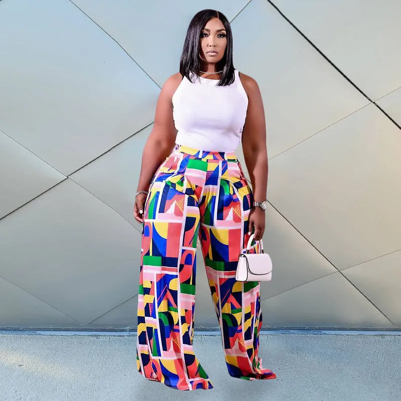 Printed Wide Leg Plus Size Pants