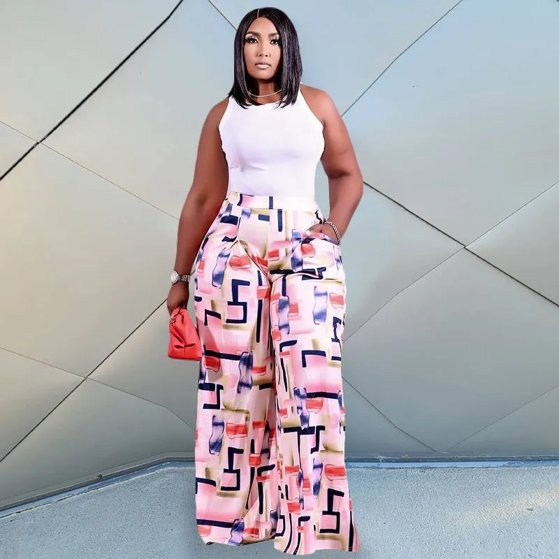 Printed Wide Leg Plus Size Pants