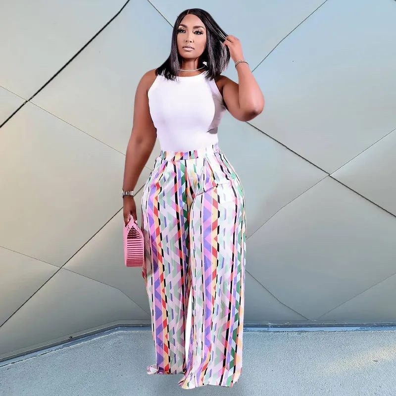 Printed Wide Leg Plus Size Pants