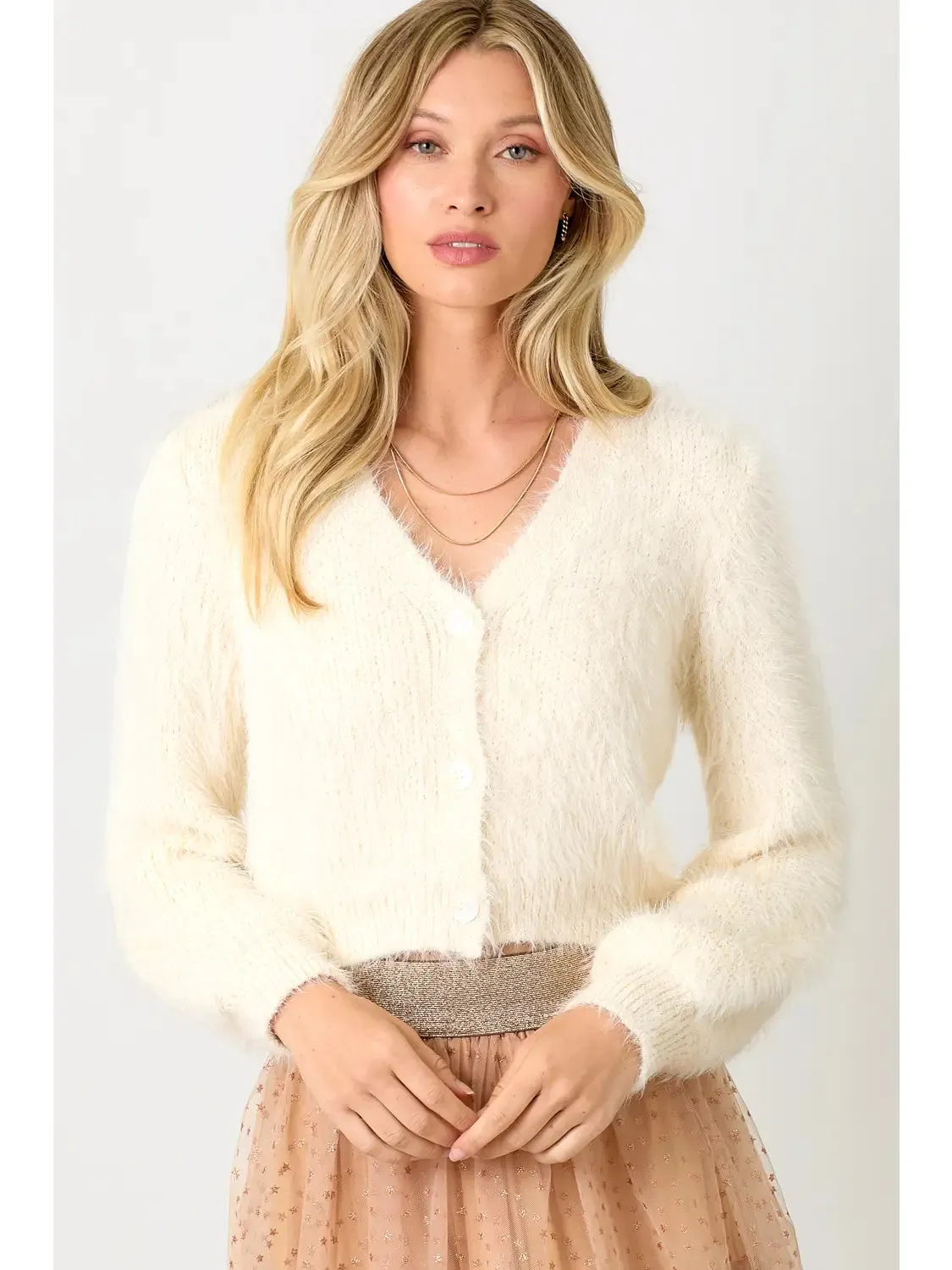 Puff Sleeve Fuzzy Cardigan