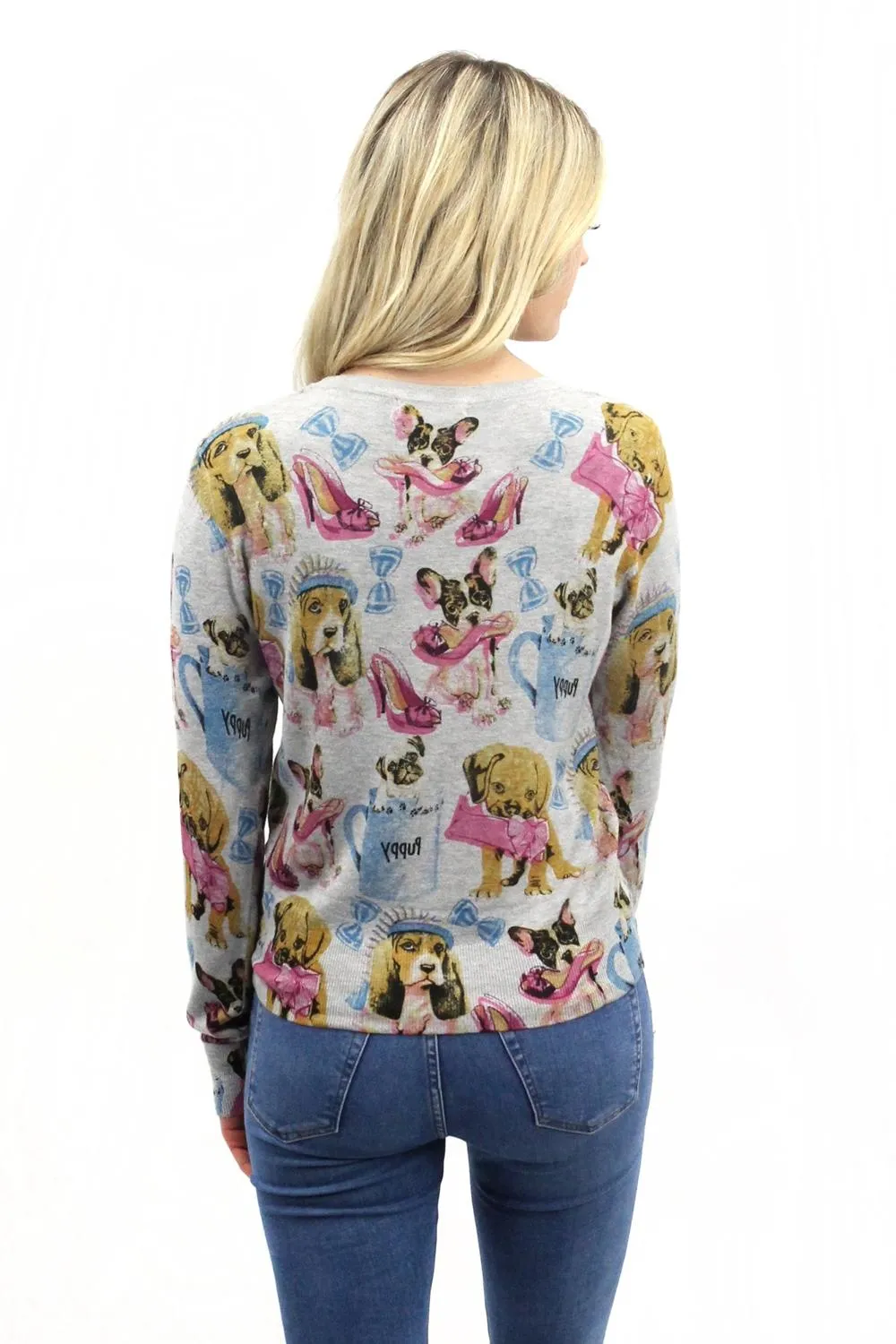 Puppies Print Short Button Cardigan