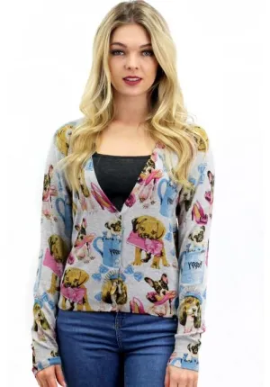 Puppies Print Short Button Cardigan