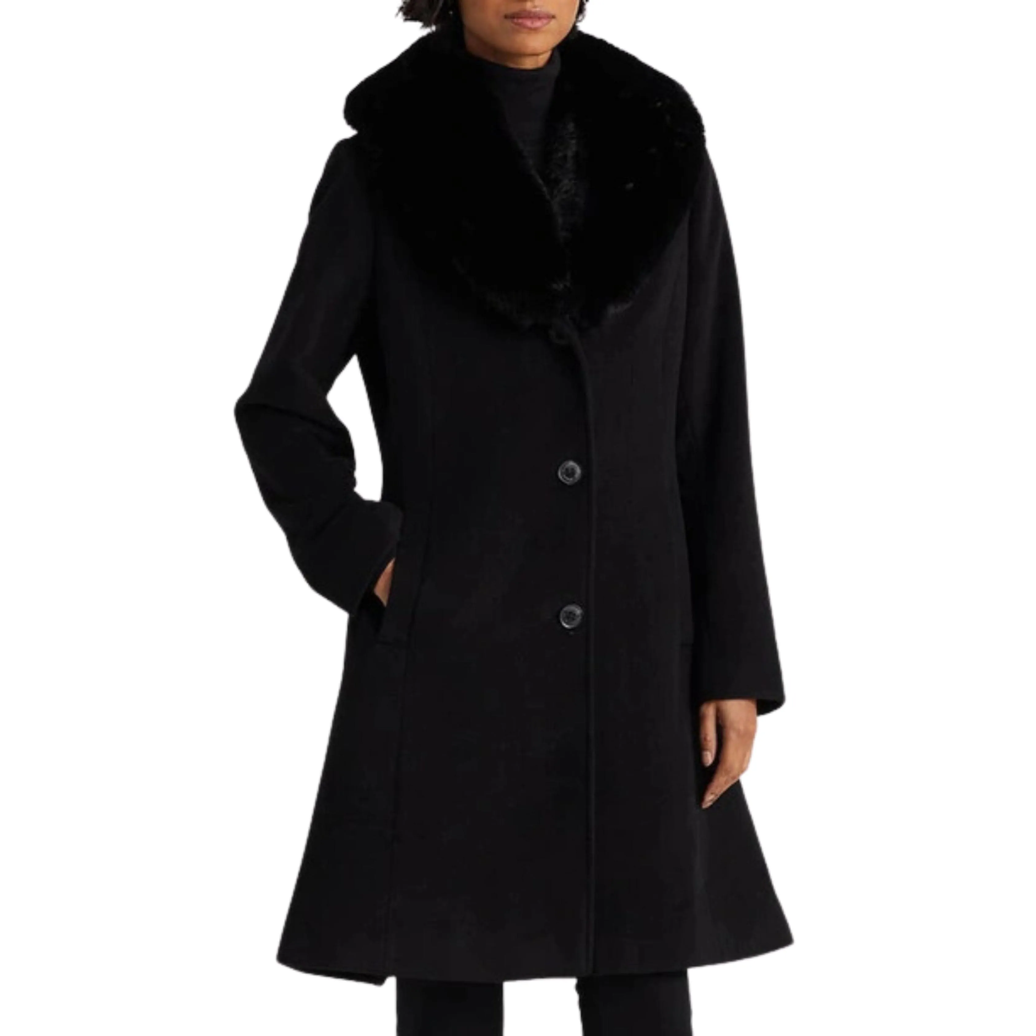 RALPH LAUREN - Faux Fur Shawl Collar Wool Blend Coat