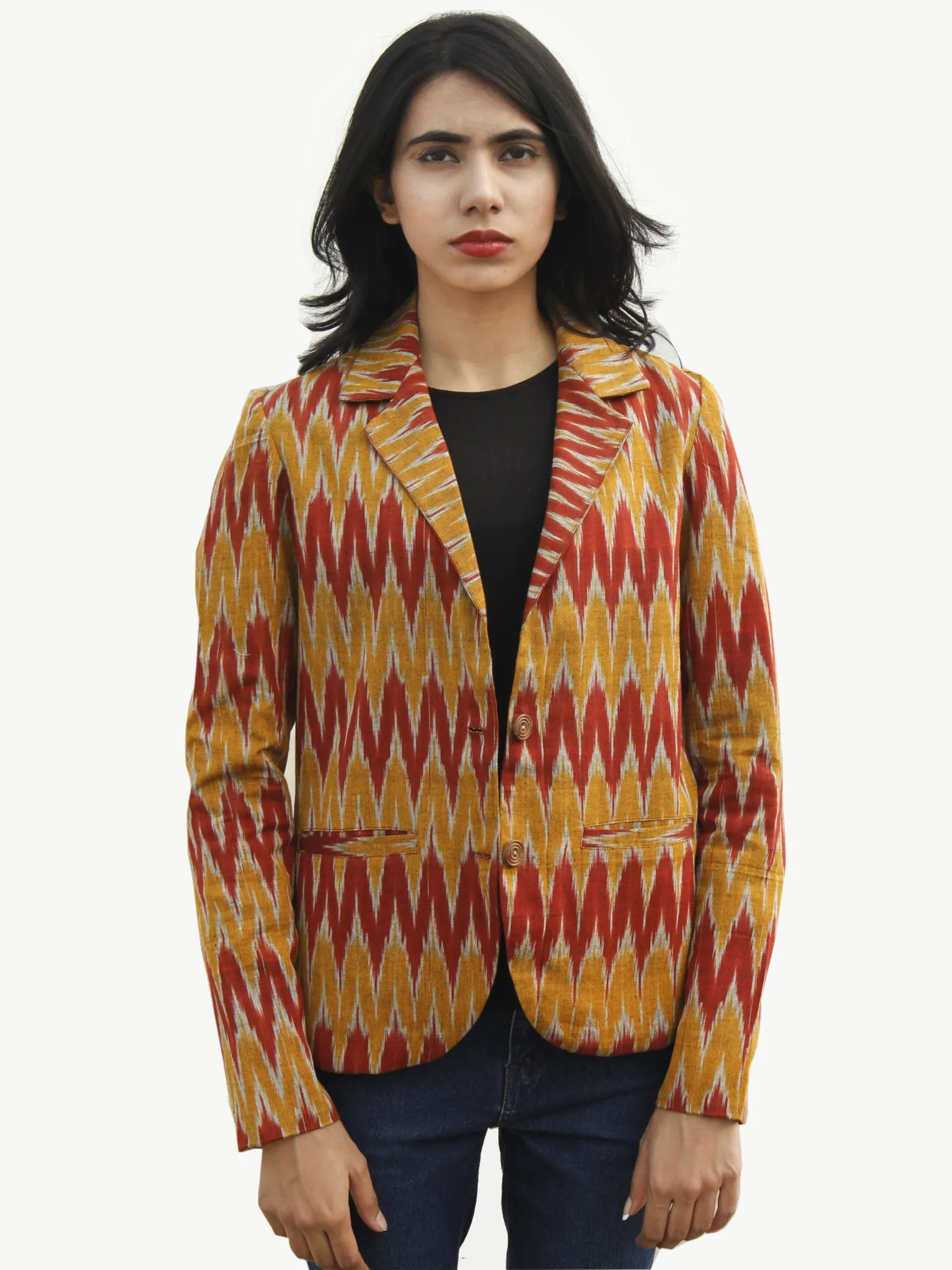 Rust Red Mustard Yellow Ivory Hand Woven Ikat Blazer - J07F970