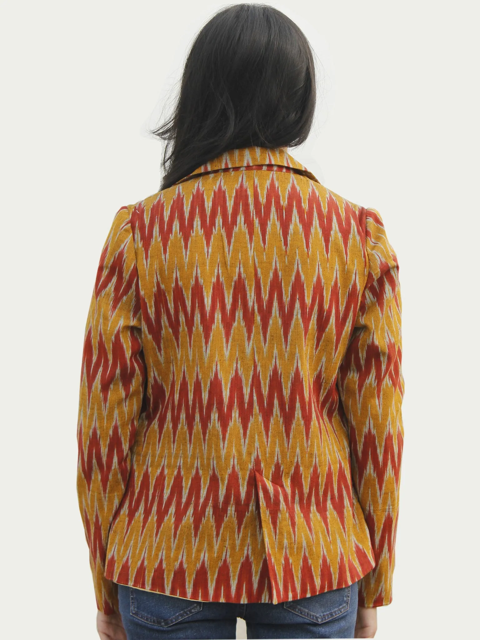 Rust Red Mustard Yellow Ivory Hand Woven Ikat Blazer - J07F970