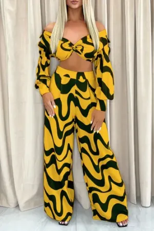 Sexy Yellow Gold Abstract Print 2 Piece Crop Top & Wide Leg Pants Set