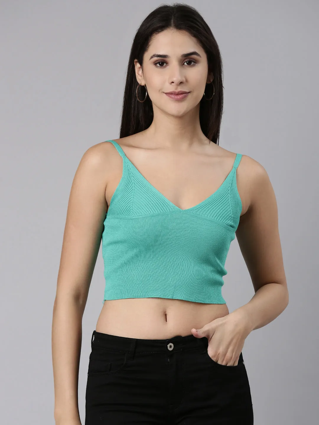 Shoulder Straps Solid Sleeveless Sea Green Crop Tank Top