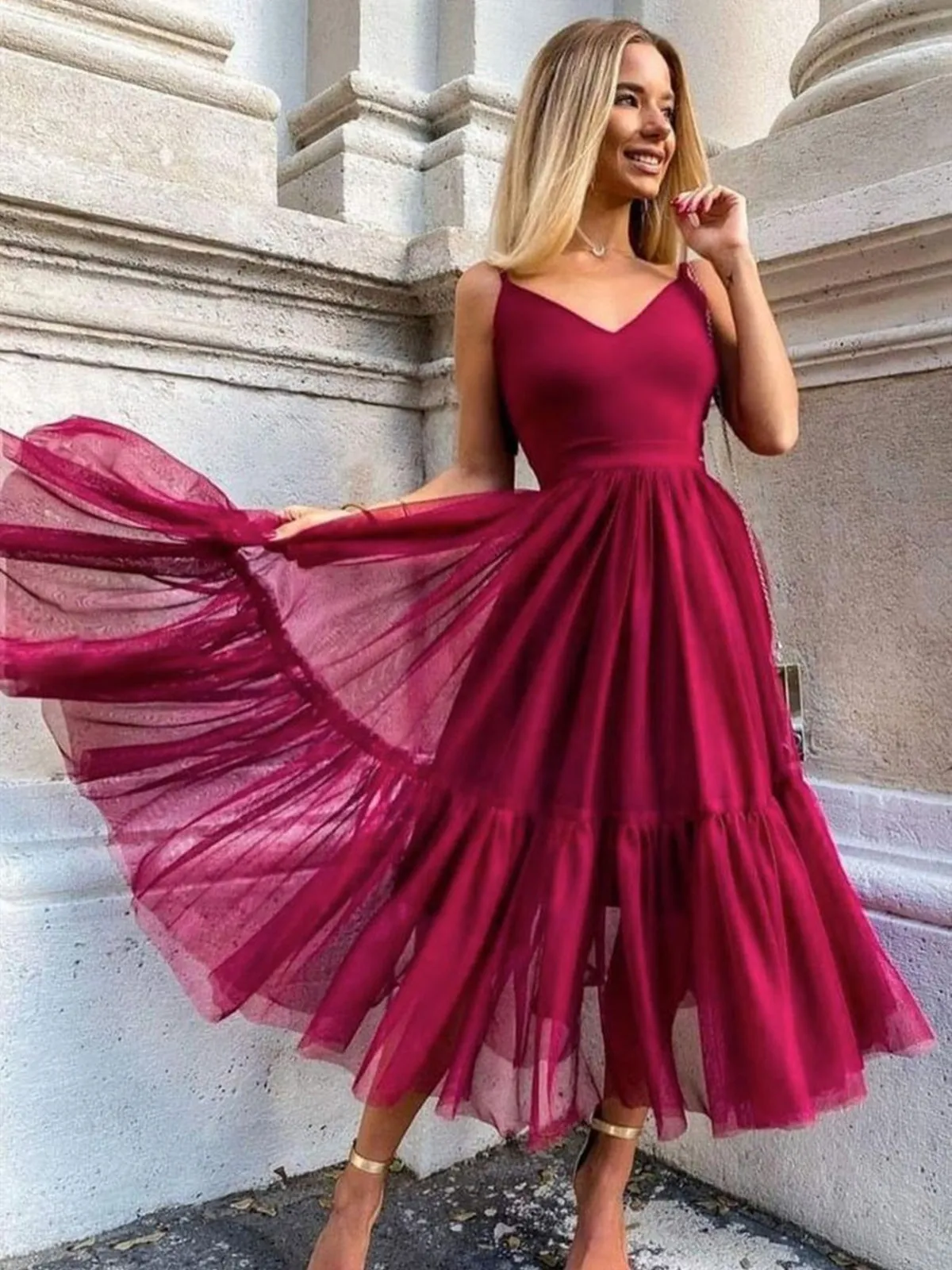 Simple V Neck Tea Length Burgundy Long Prom, V Neck Wine Red Formal Evening