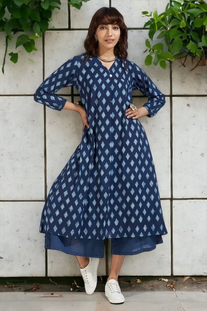 single box pleat v-neck kurta - enchanting indigo & symmetry charm