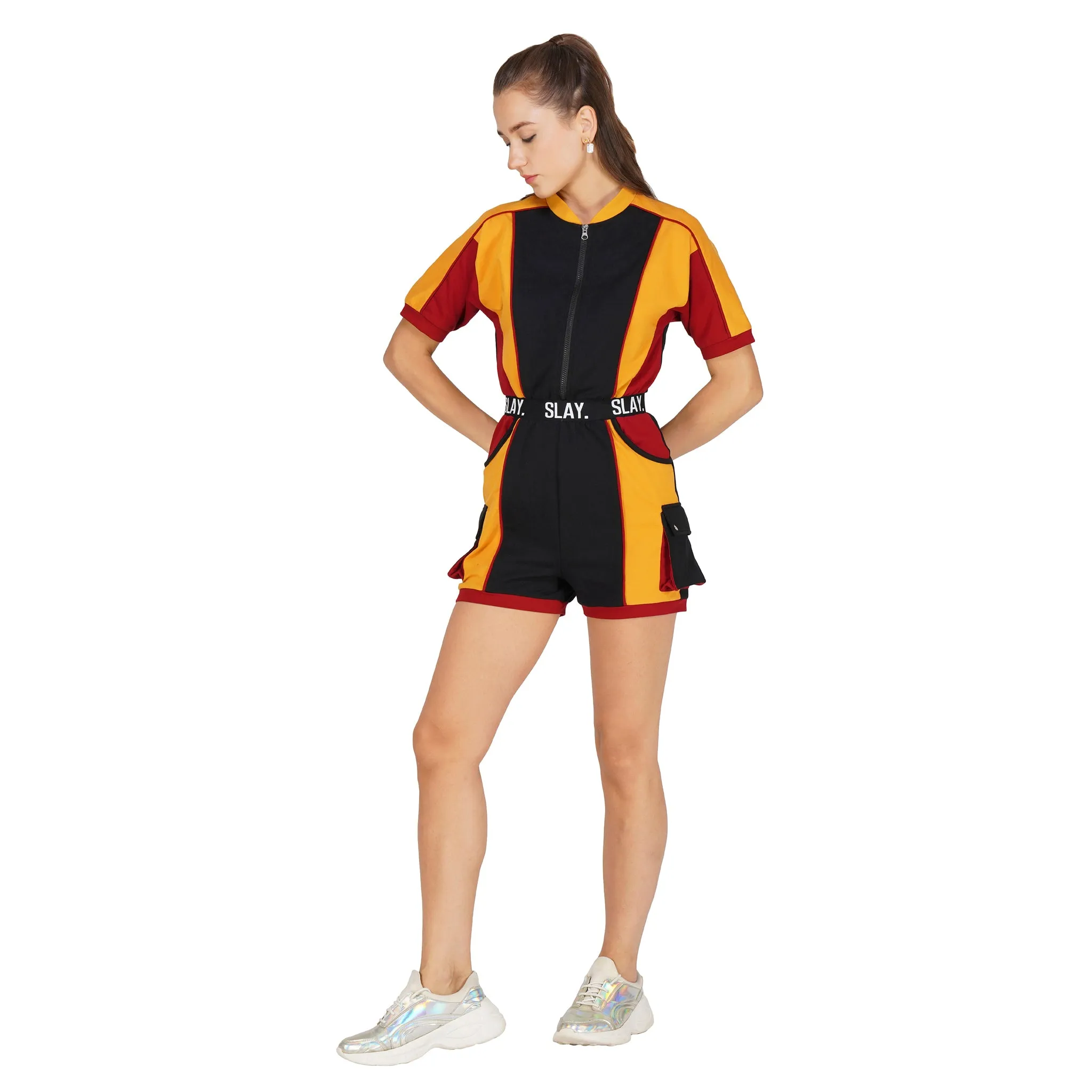 SLAY. Women's Colorblock Romper Black Red Yellow