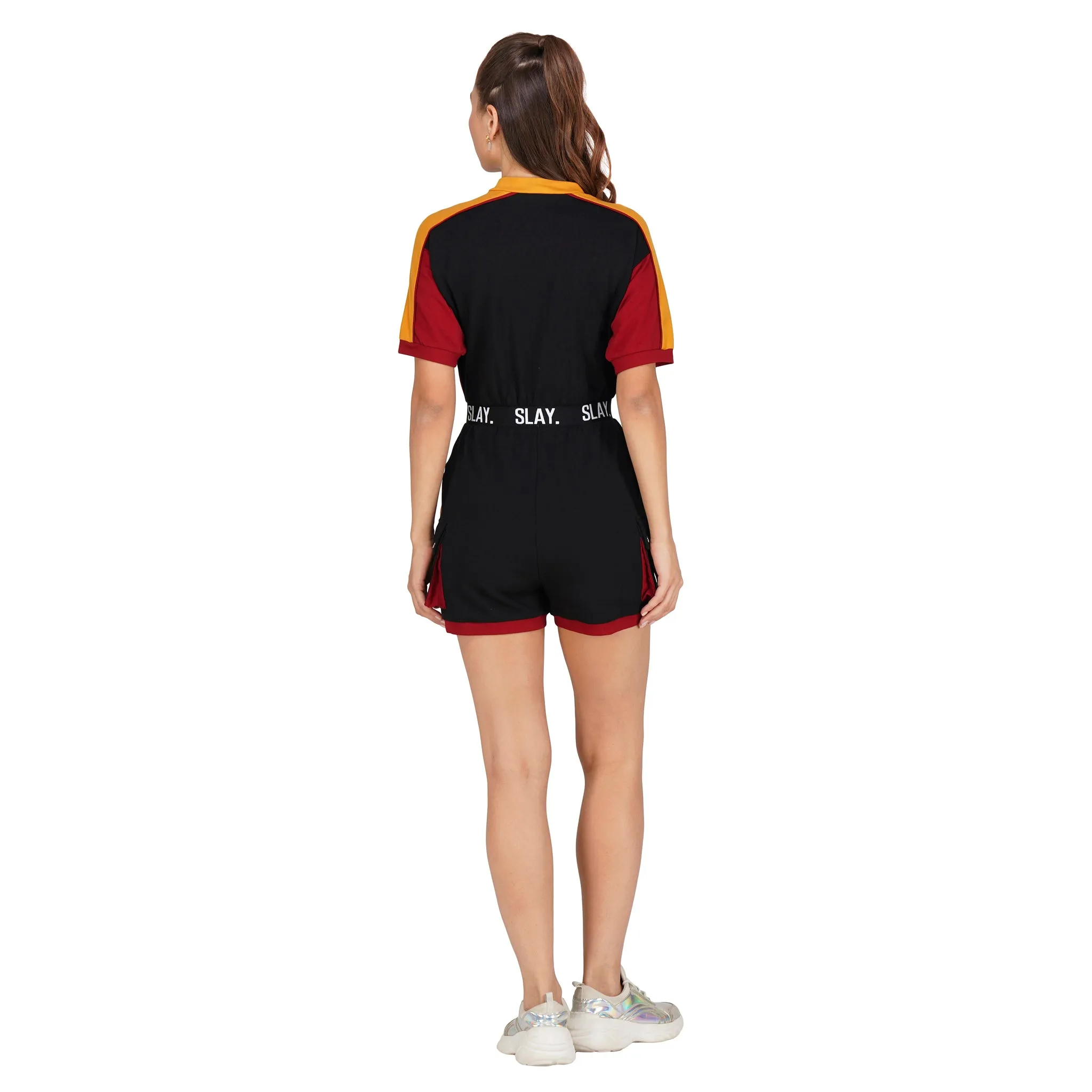 SLAY. Women's Colorblock Romper Black Red Yellow