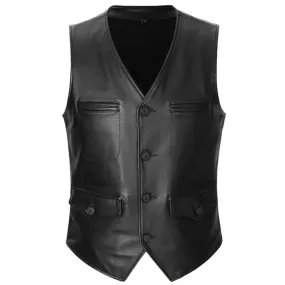 Slim Fit Mens Cowhide Vest Male Waistcoat Casual Business Genuine Leather Sleeveless Jacket