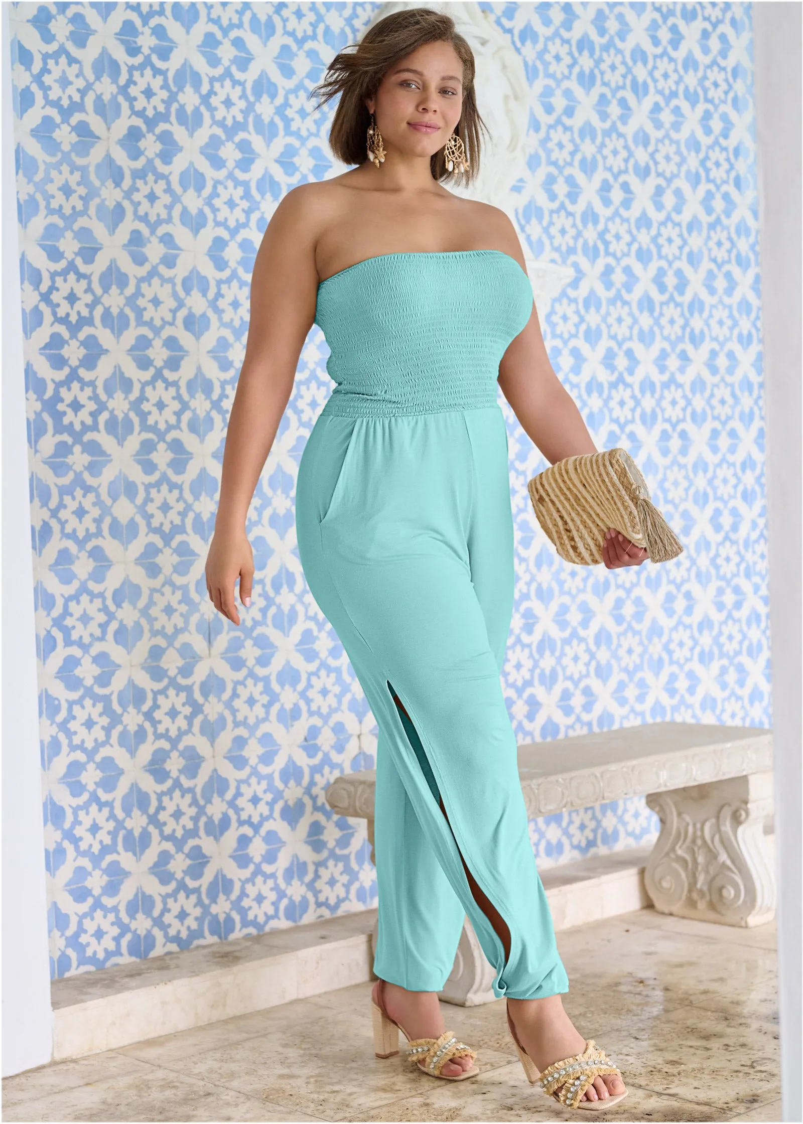 Smocked Side Slit Jumpsuit - Mint