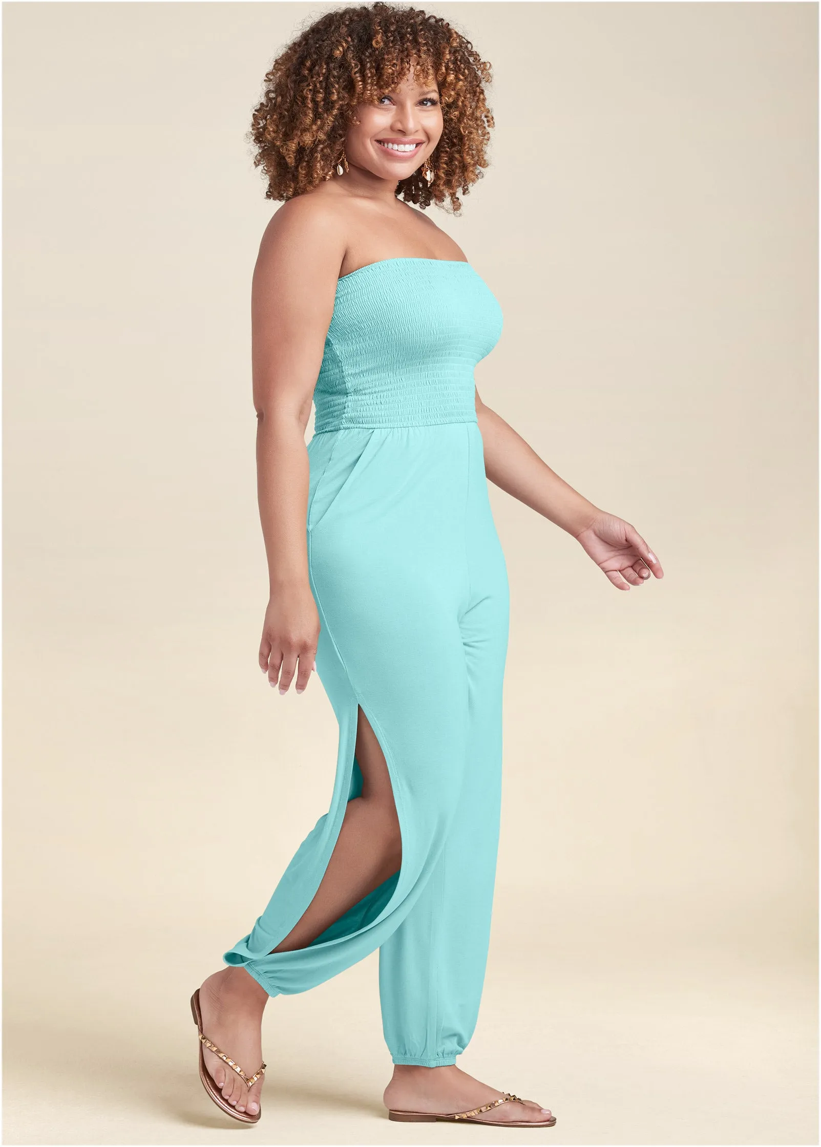 Smocked Side Slit Jumpsuit - Mint