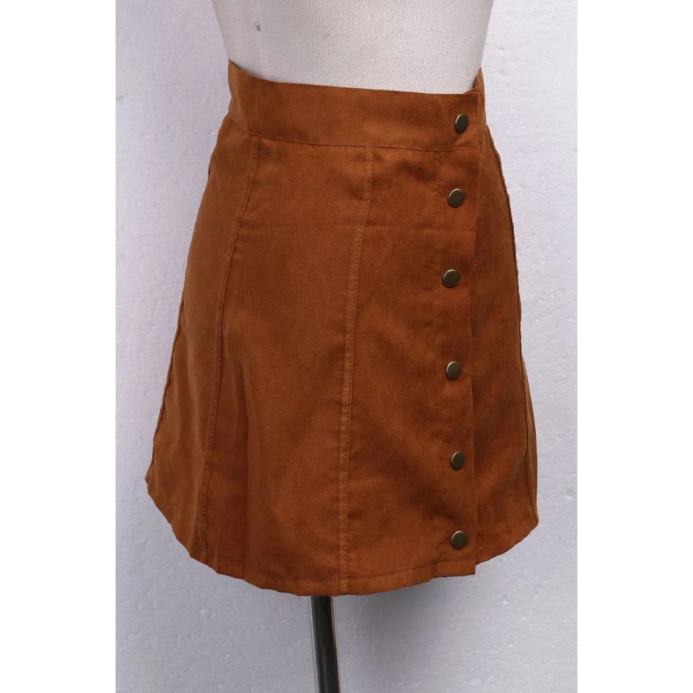 Solid Stretch Waist Plain Faux Suede Flared Mini Skirt