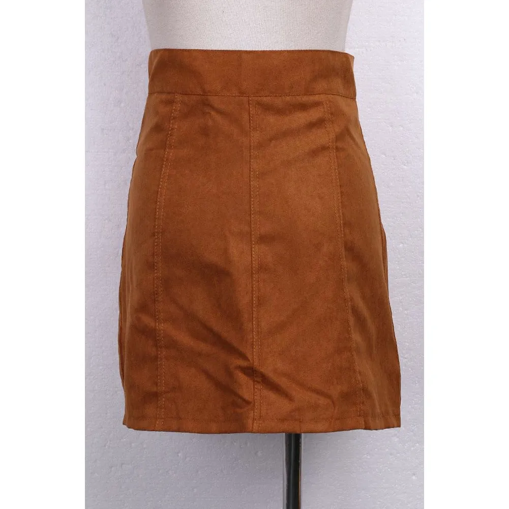 Solid Stretch Waist Plain Faux Suede Flared Mini Skirt