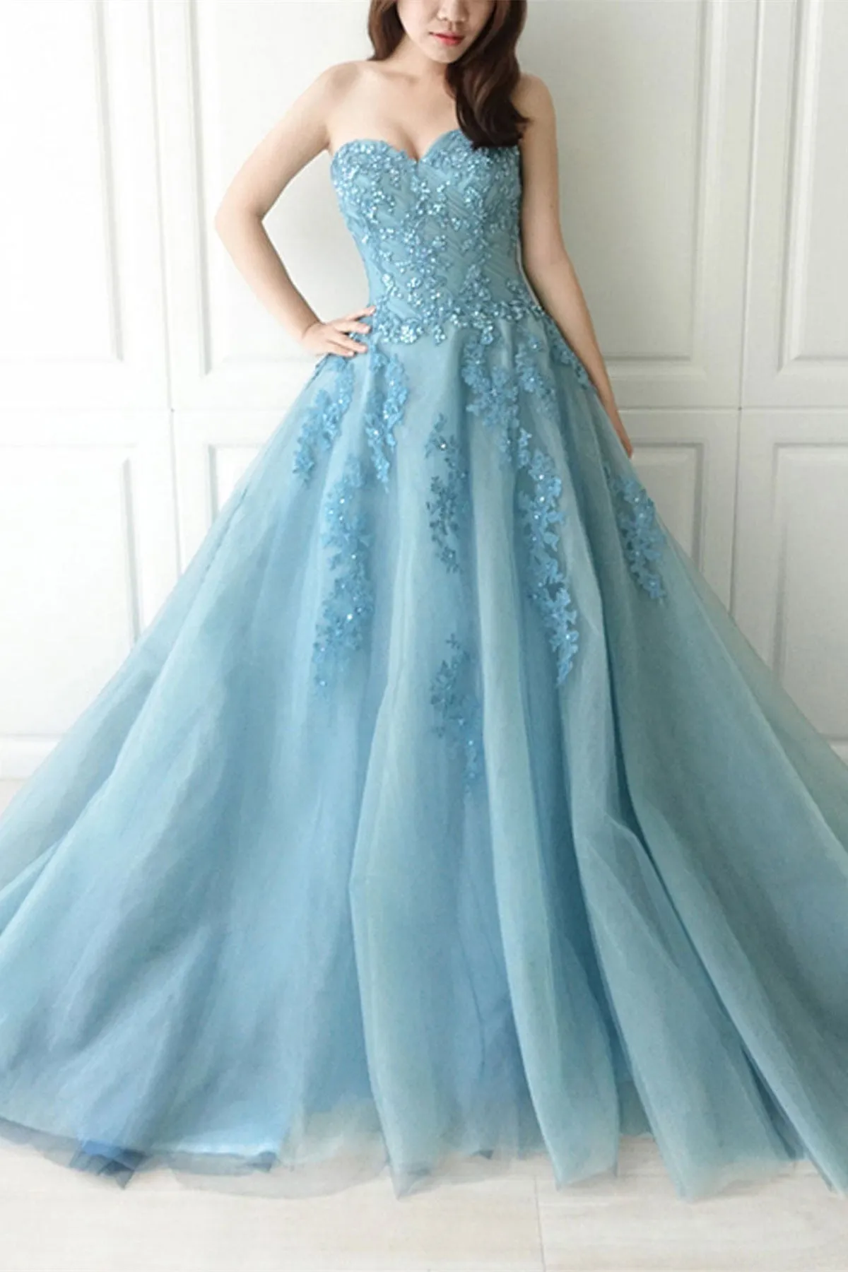 Strapless Open Back Blue Lace Long Prom Dress, Blue Lace Formal Dress, Long Blue Evening Dress A1668