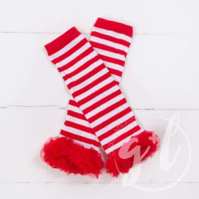 Striped Red & White Ruffled Hem Leg Warmers