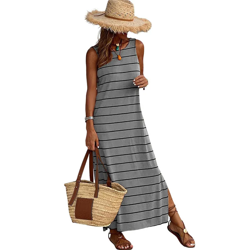 Summer Striped Print Sleeveless High Waist Slim Fit Casual Maxi Dress