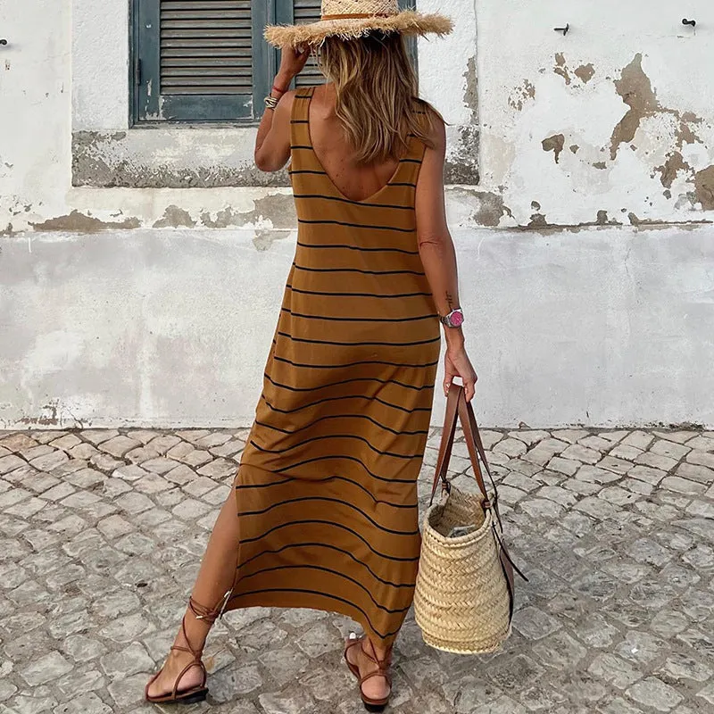 Summer Striped Print Sleeveless High Waist Slim Fit Casual Maxi Dress