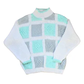 Teal and Gray Patchwork Knit Turtleneck Sweater | Medium-Large