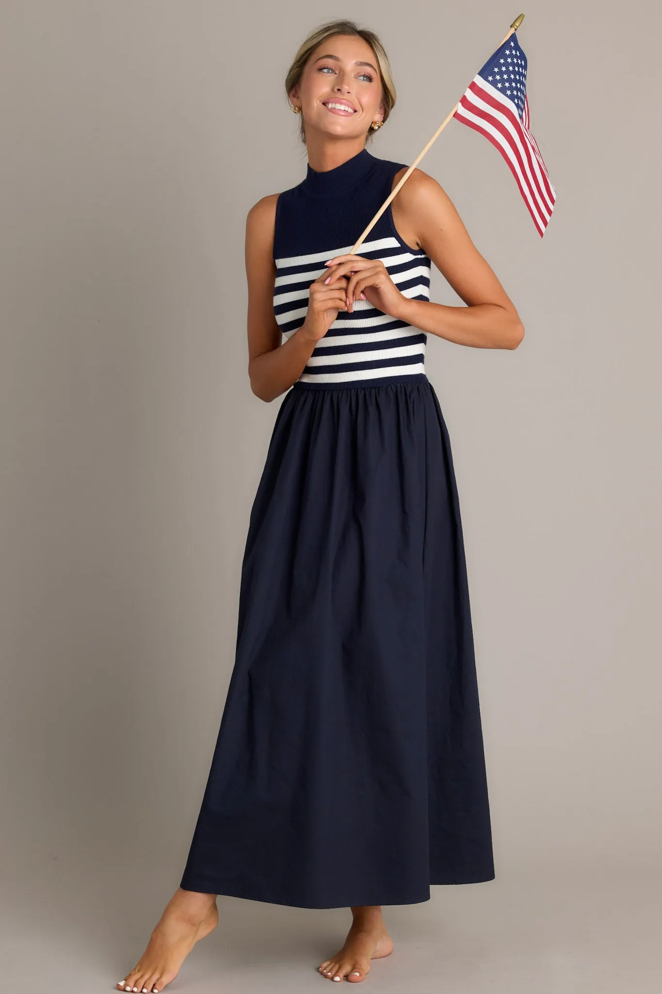 Timeless Treasures Navy Sleeveless Striped Maxi Dress