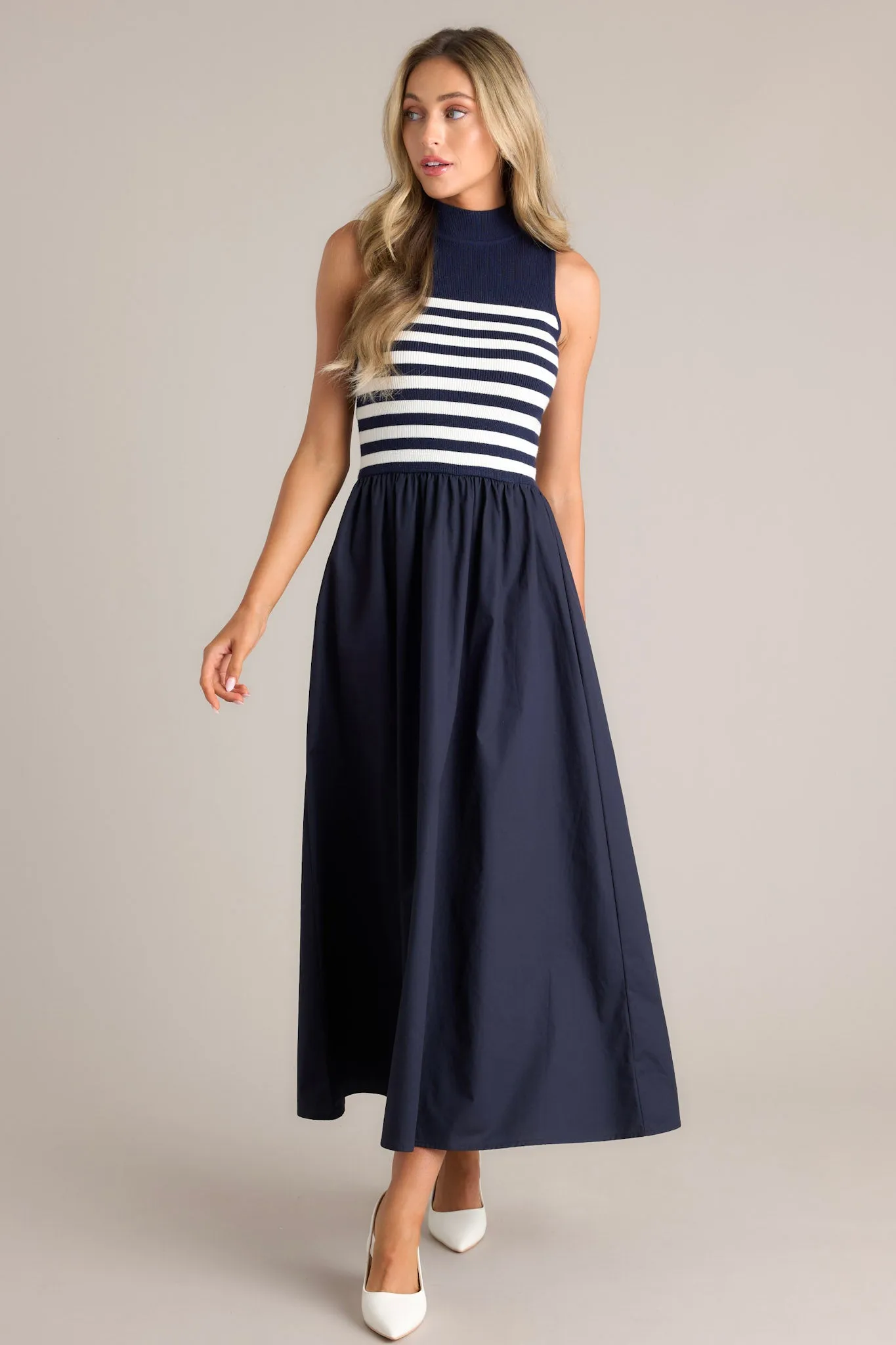 Timeless Treasures Navy Sleeveless Striped Maxi Dress