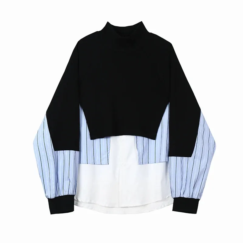 Turtleneck Patchwork Stripe Loose Sweater