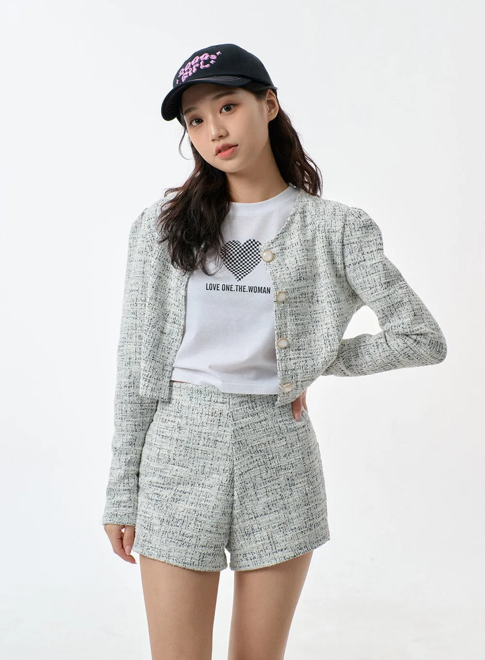 Tweed Cropped Cardigan And Shorts Set BF301