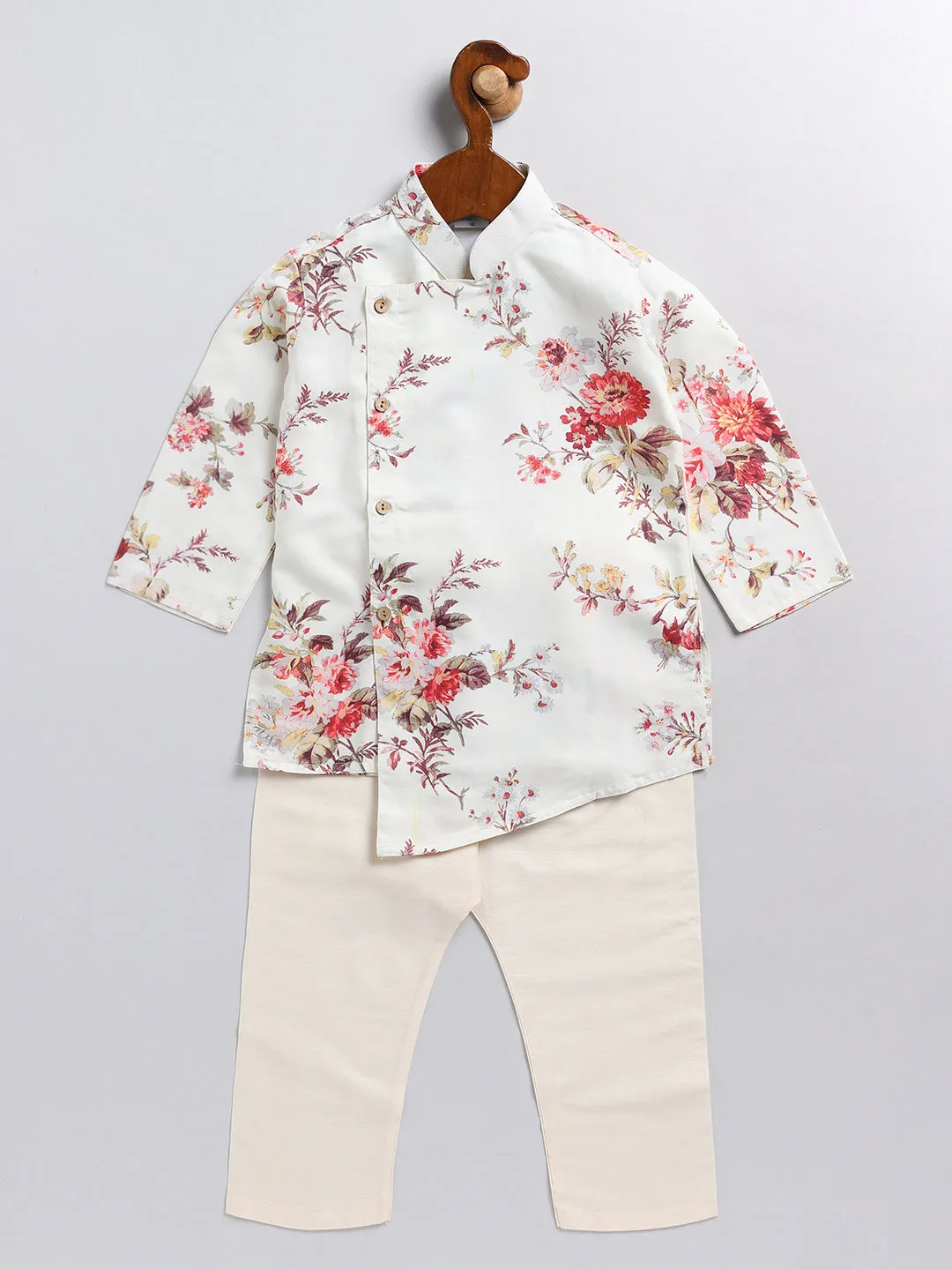 VASTRAMAY Boy's Cream Floral Printed Angrakha Kurta Pyjama Set