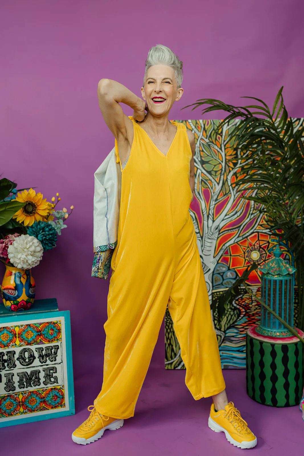 Velvet Dungaree Jumpsuit in Yellow