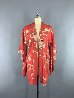 Vintage 1930s Silk Haori Kimono Cardigan / Tomato Red Orange Floral