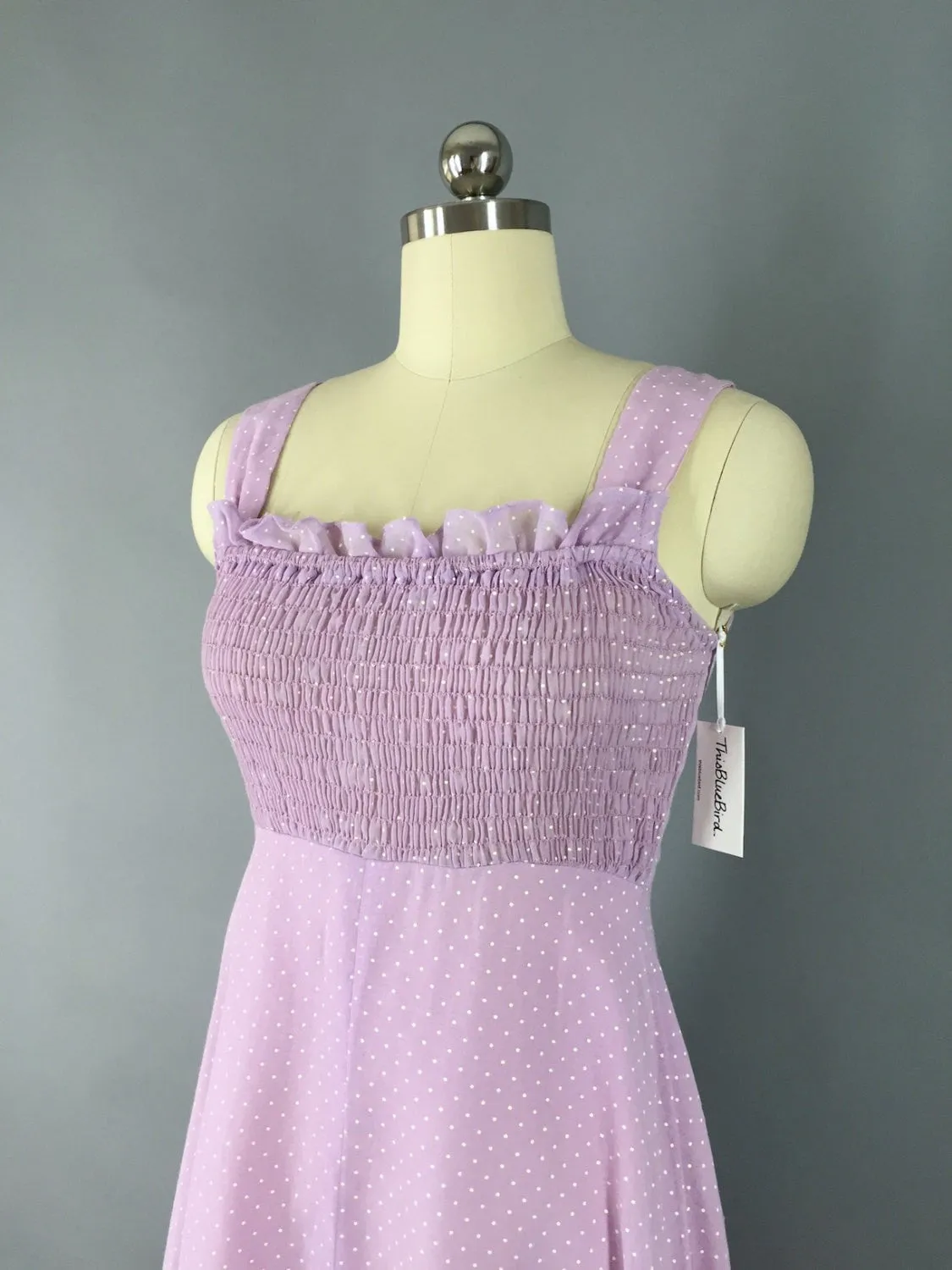 Vintage 1980s Dress /Lavender Polka Dot Maxi Sundress