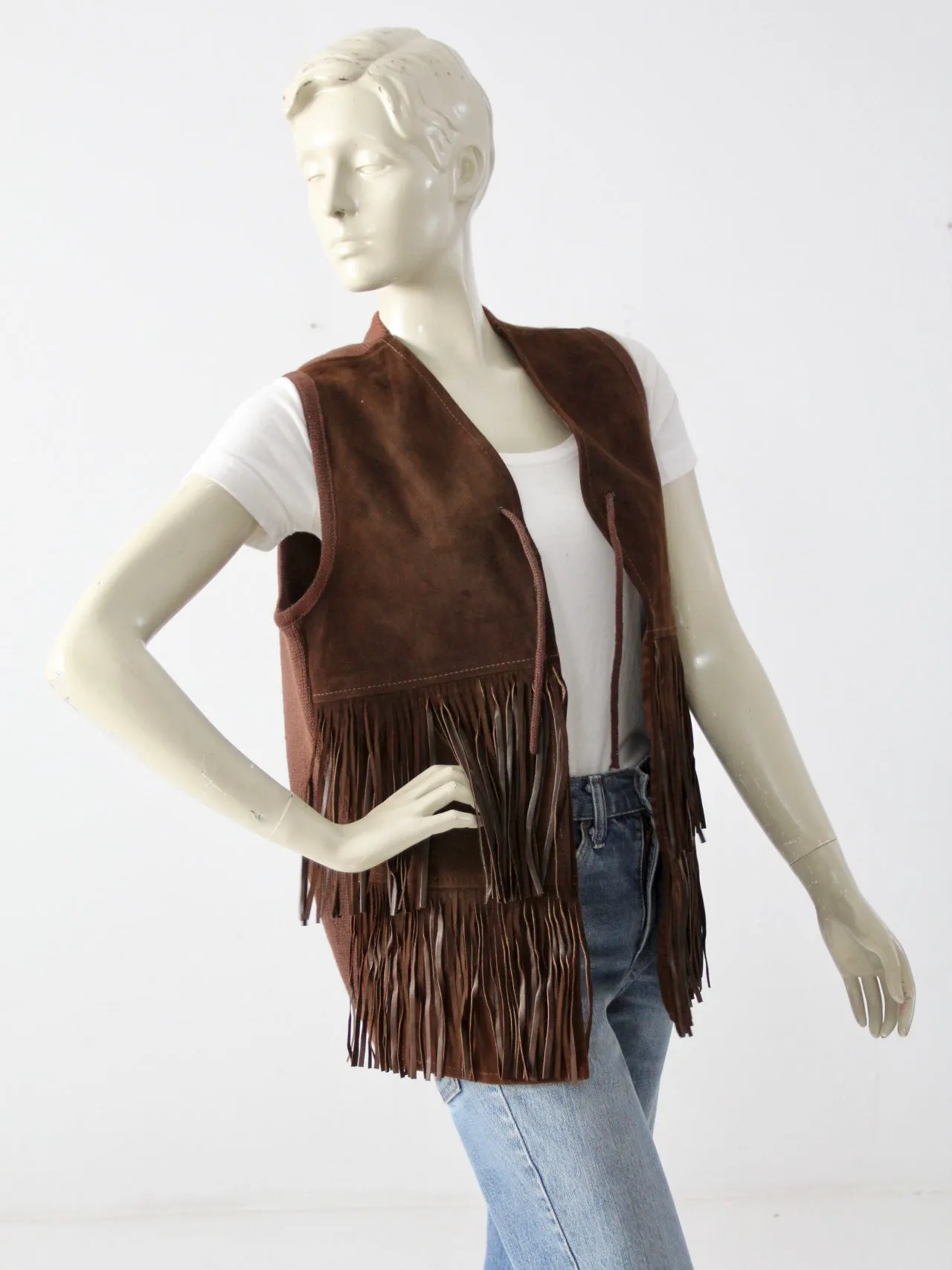 vintage fringe suede & knit vest