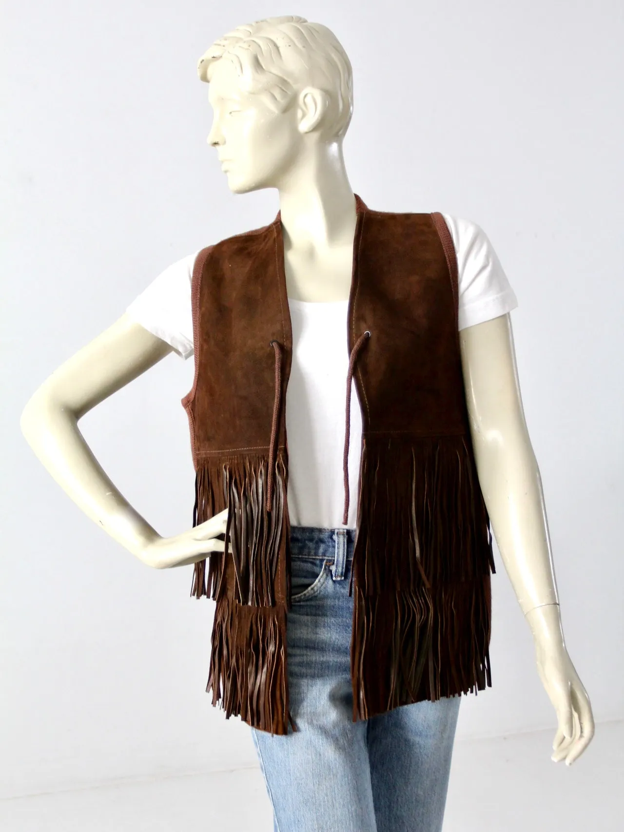 vintage fringe suede & knit vest