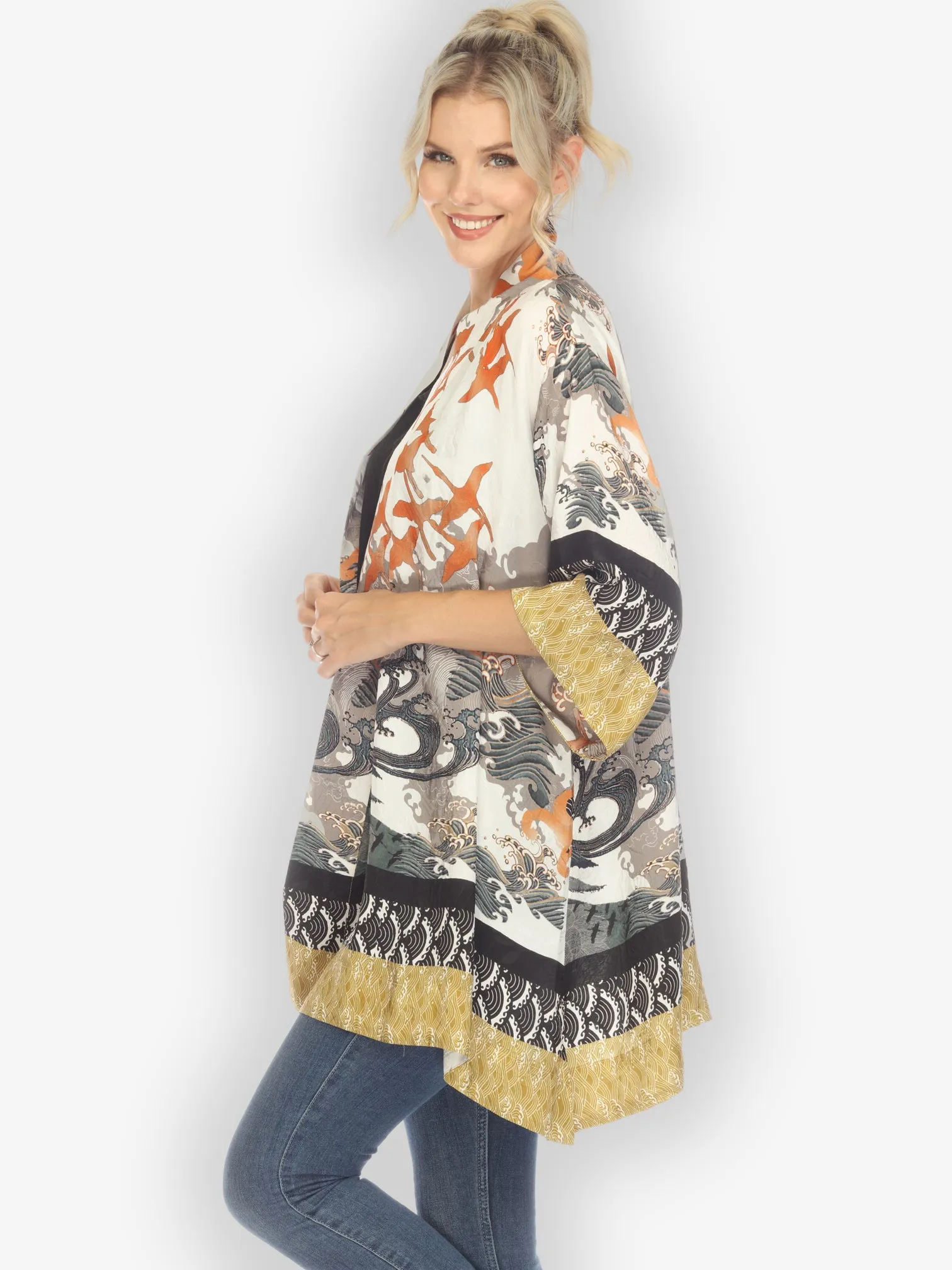 Waves and Cranes Silk Kimono Top