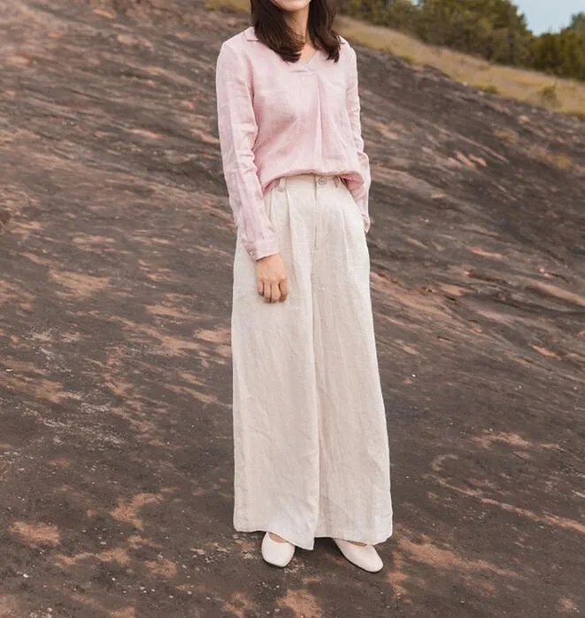 White Linen Wide Leg Women Casual Pants SJ97235